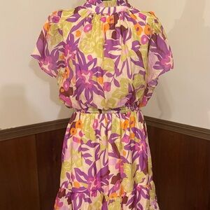 THML Floral Ruffle Dress Size M Boho High Neck Elastic Waist Spring NWOT